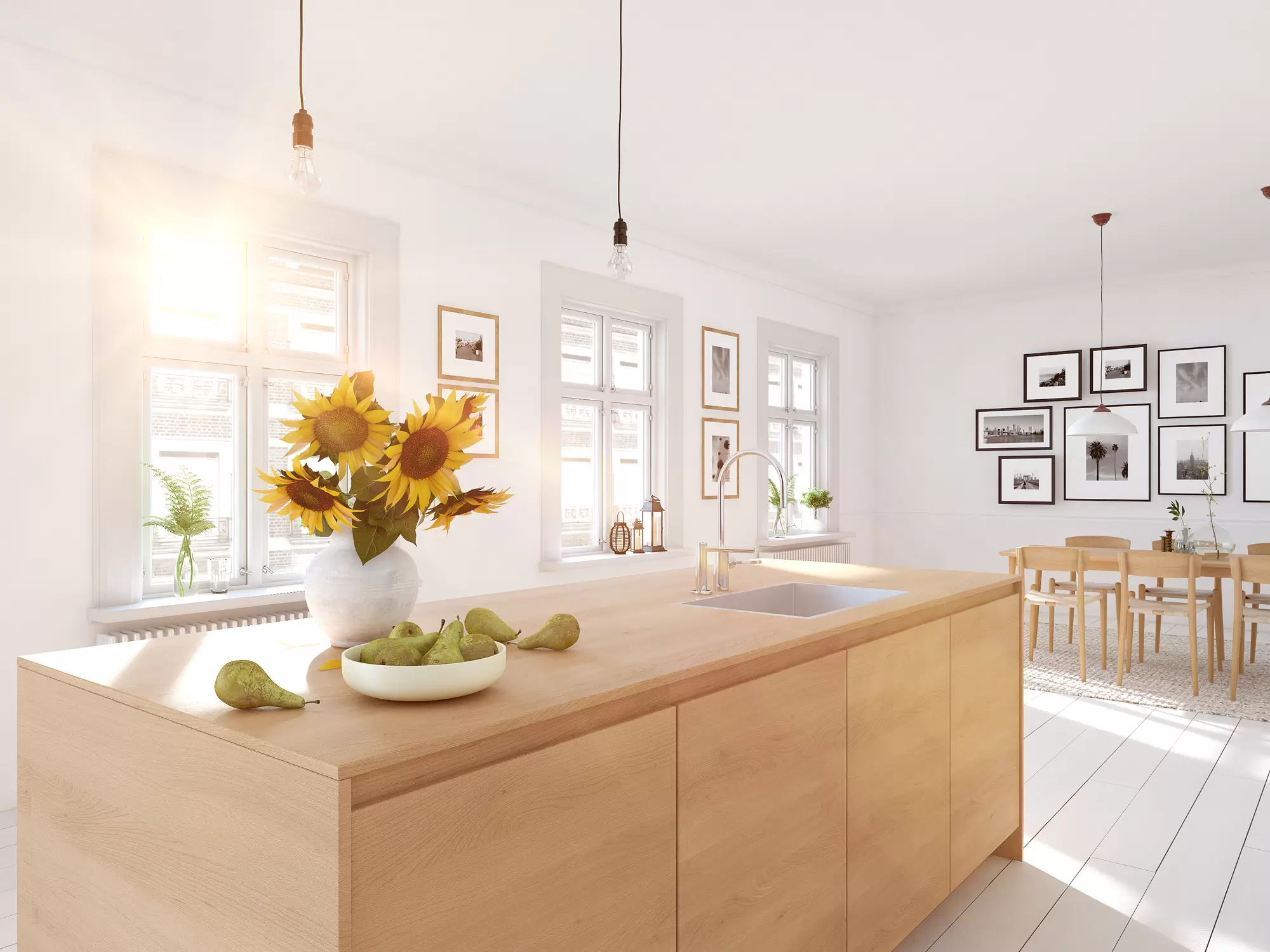 A brightly lit kitchen with similar windows.