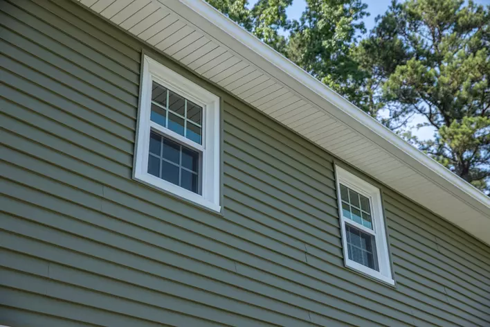 Tan vinyl siding on a home with two windows