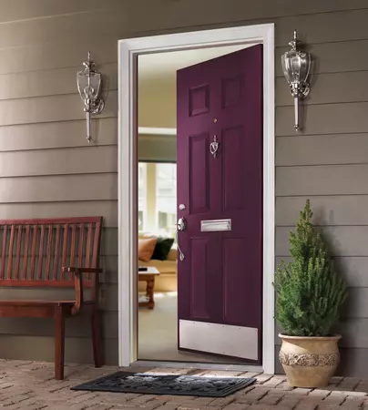 smooth 6 panel entry door in eggplant with a handleset, kickplate, mail slot and peephole in satin nickel