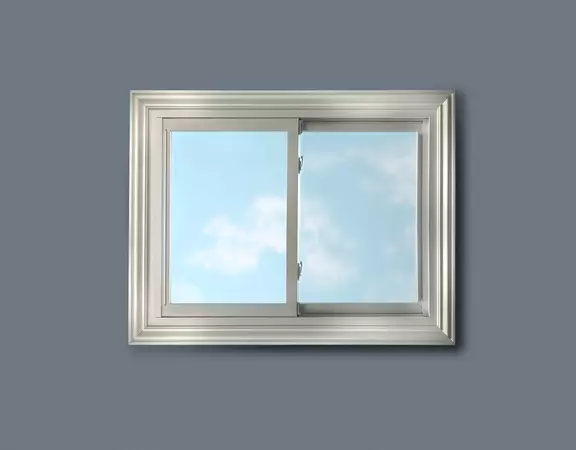 white sliding window installed in blue-gray wall, showcasing clean lines and modern trim