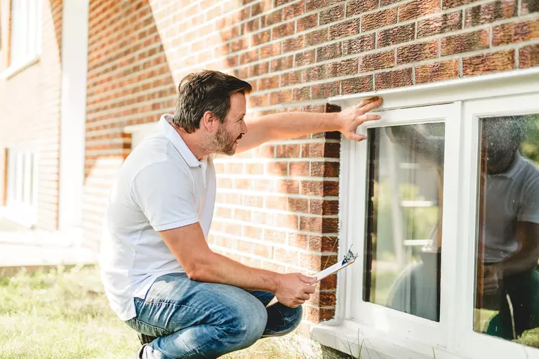 Man inspecting sliding window on brick house outside in daylight.