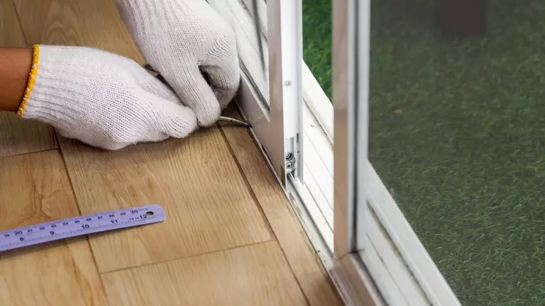 Close-up of the bottom of a patio door being adjusted.