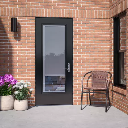 European home with a full lite door style and enclosed blinds glass, prefinished in Symphony