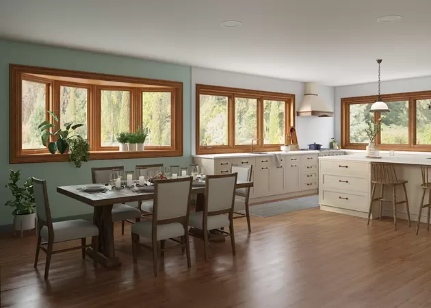 Restorations series woodgrain bow and casement windows in a kitchen