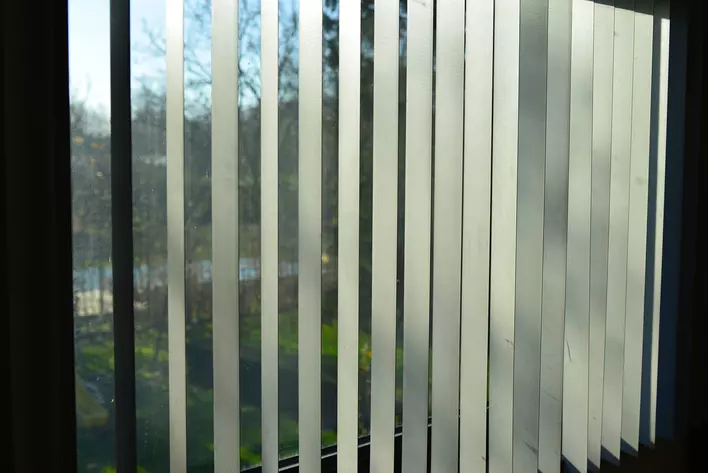 Vertical blinds in front of a large window with a pet-proof window screen.