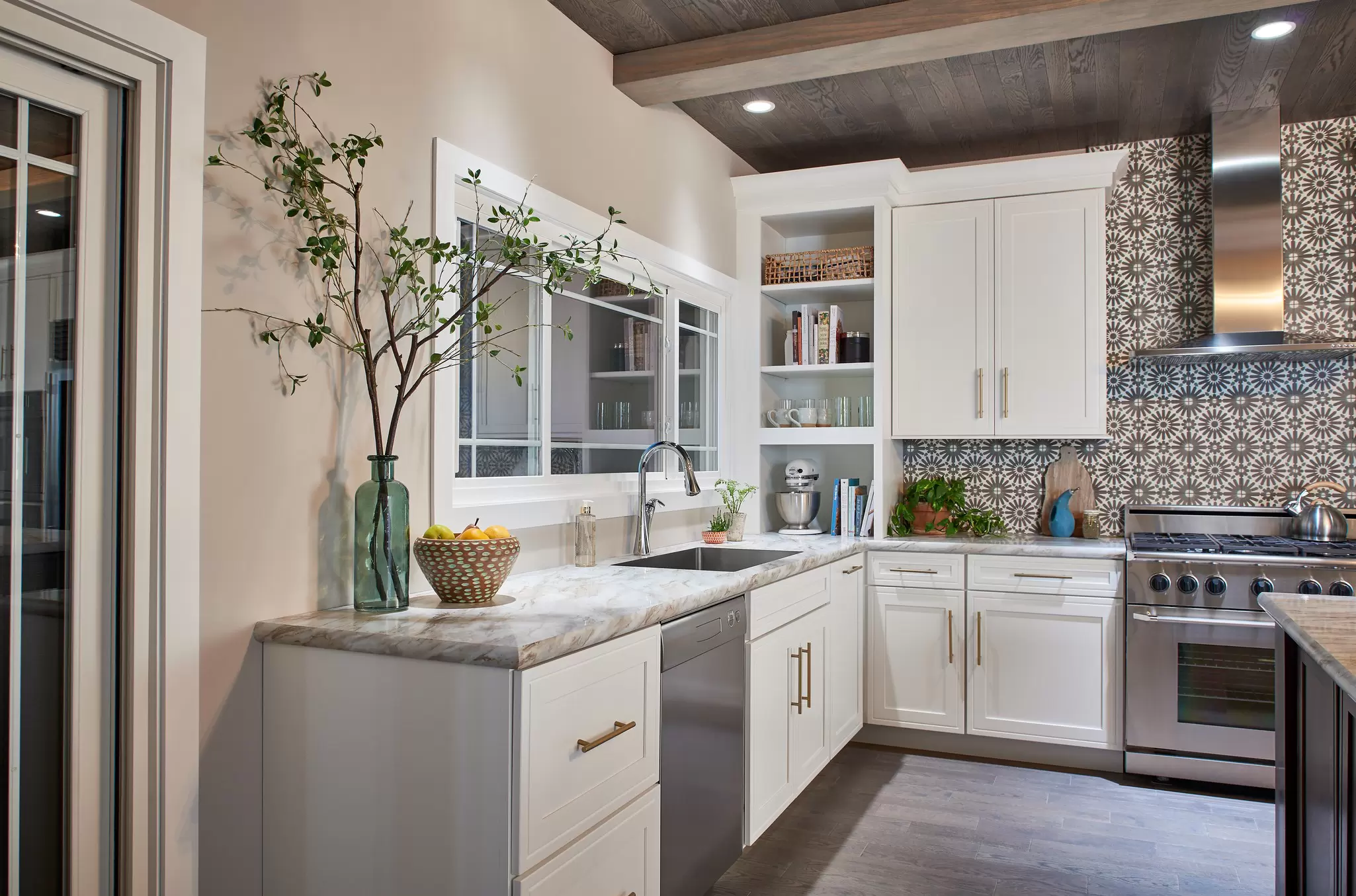 Kitchen with window above kitchen counter.