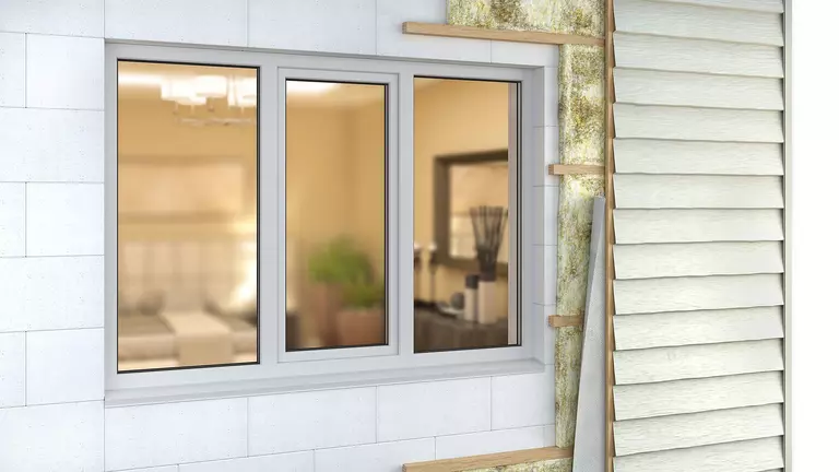 Exterior of a home with three similarly sized windows.