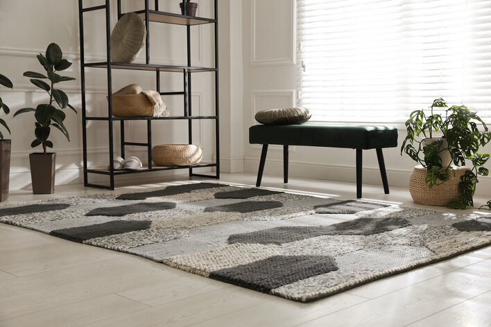 Living room of home with an area rug, house plants, and a window decorated with blinds.
