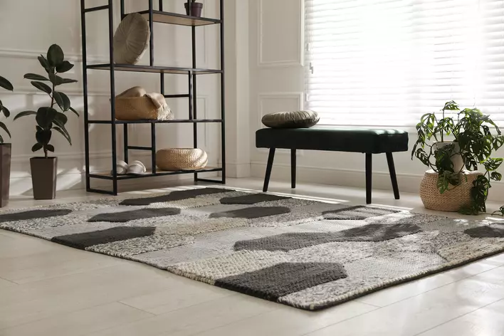 Living room of home with an area rug, house plants, and a window decorated with blinds.