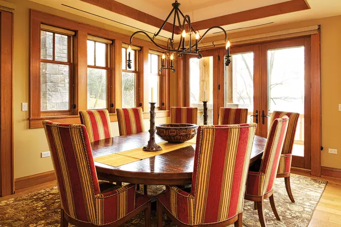 Quarter sawn red oak interior wood-clad double-hung windows in a dinning room