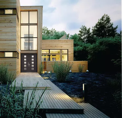 Dark gray modern double entry door with 5 squares in each door