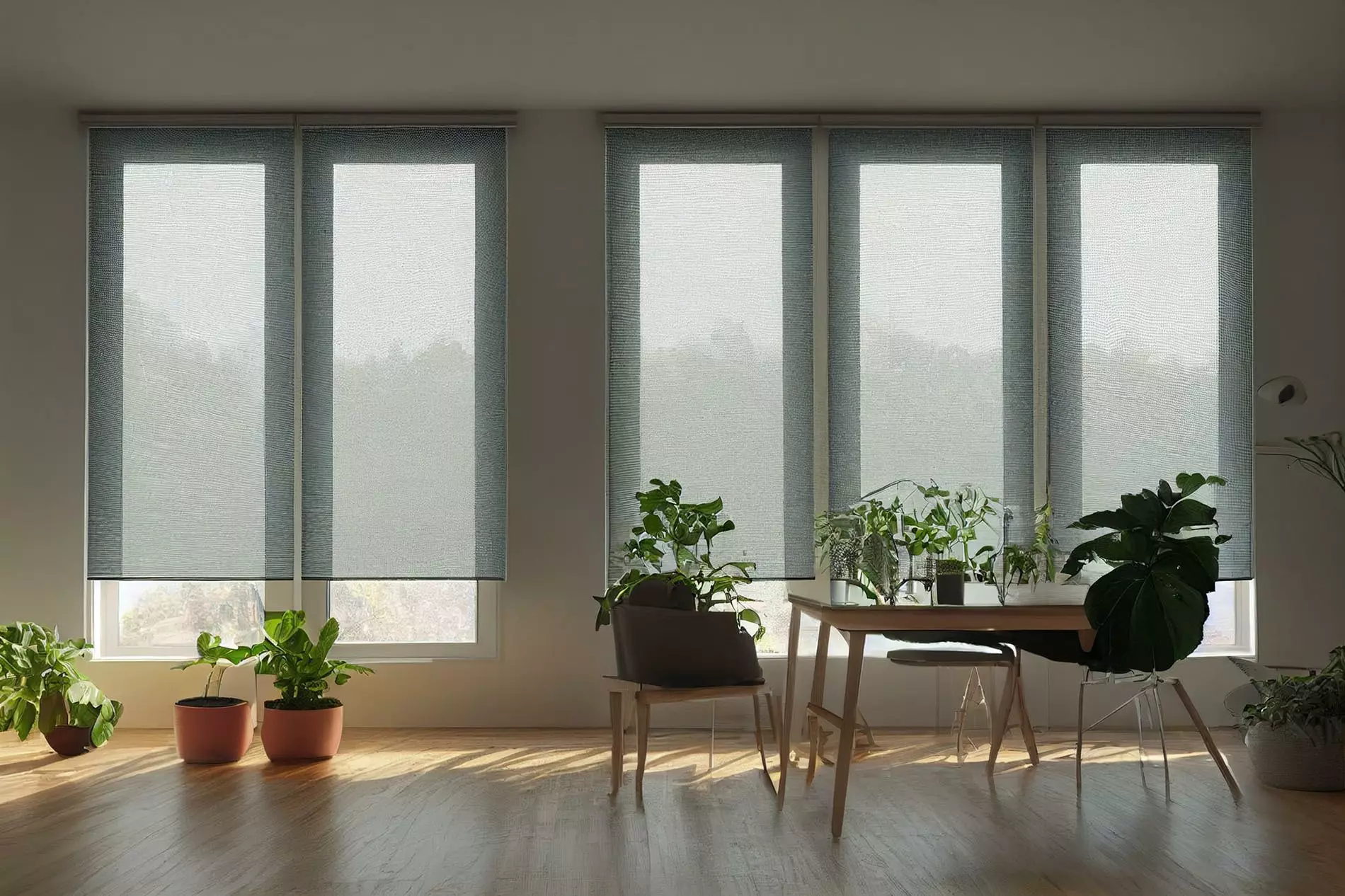 A room with roller shades over the windows and plants surrounding the room