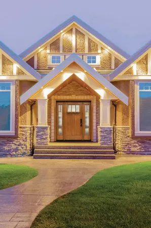 Premium Textured Fiberglass door, with a Craftsman Lite, 2-Panel Shaker door style and Timbergrain Simulated Divided Lite glass.
