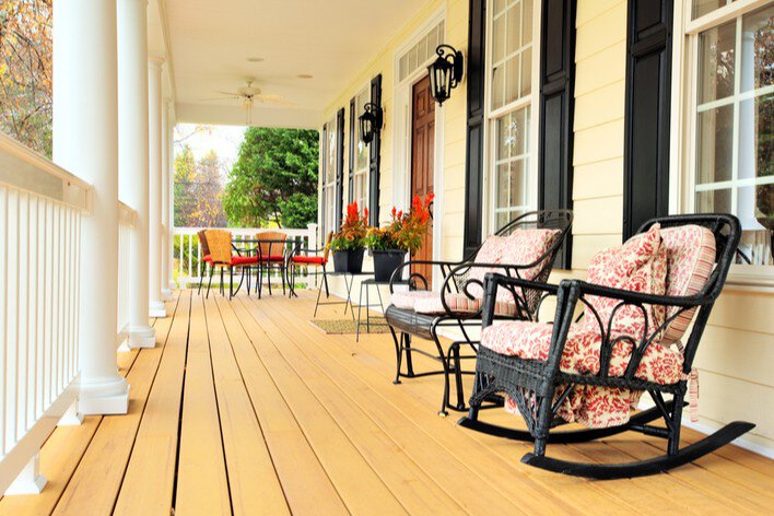 A new front porch updates the exterior of this ranch-style house