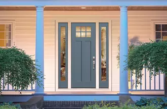 Full lite smooth entry door in colonial blue with waterside glass.