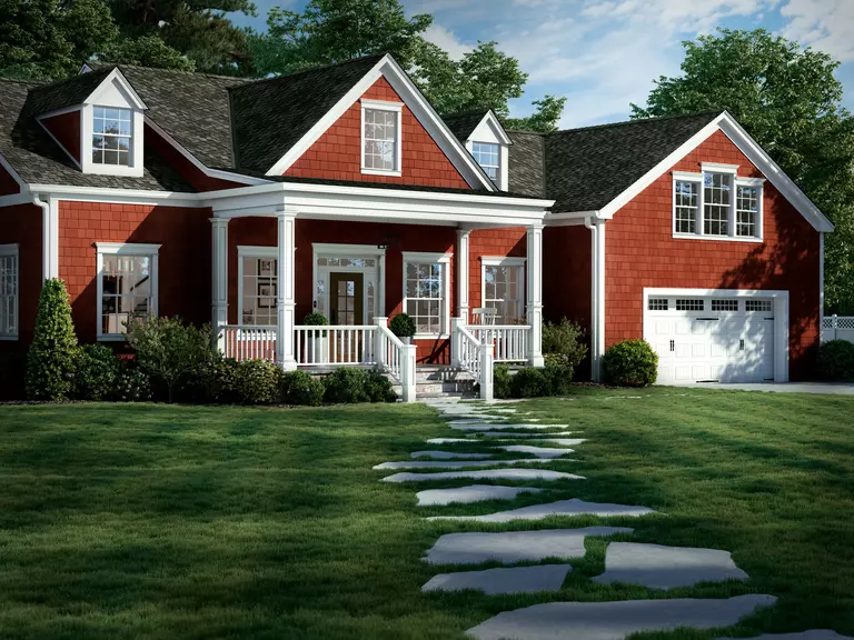 Red and white traditional full house with attached garage and double-hung windows.