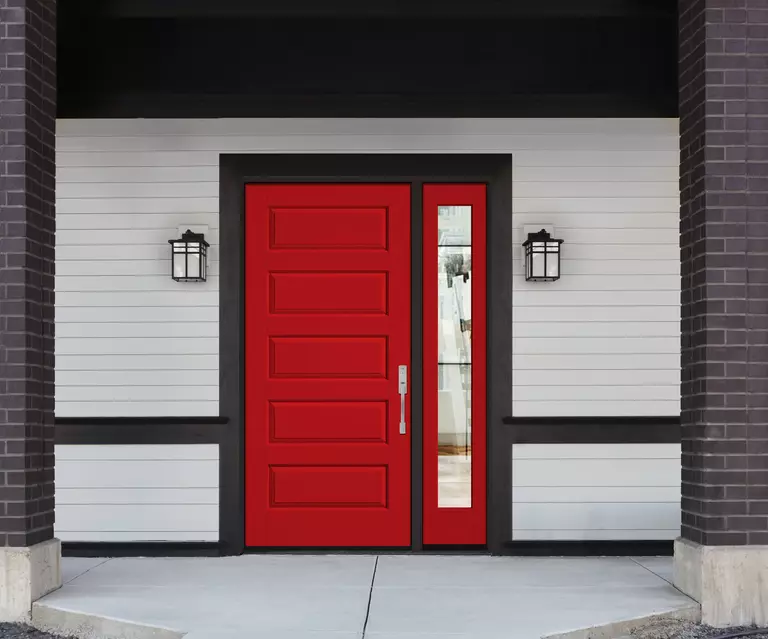 A contemporary front door with one sidelite and a vibrant red color.