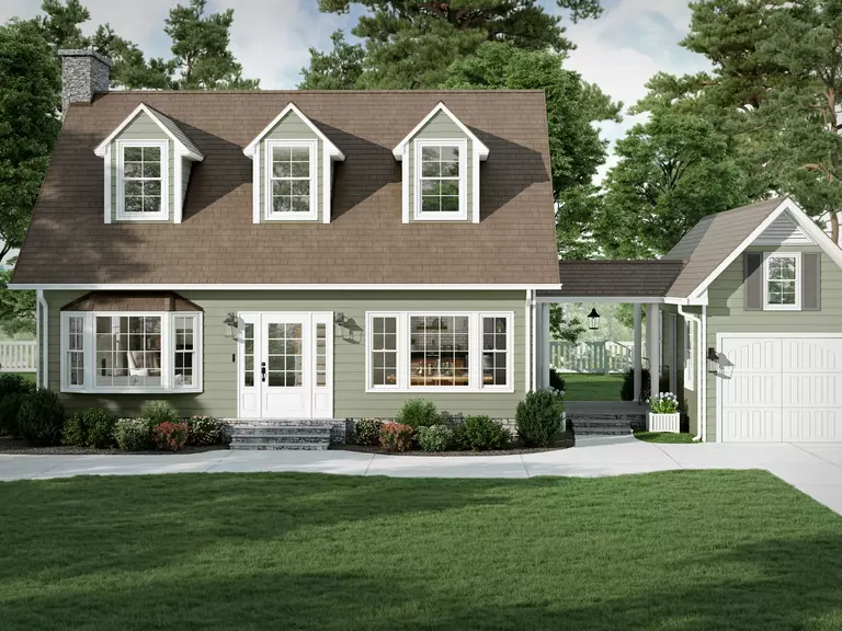 The front of a home with green vinyl siding and a detached garage.