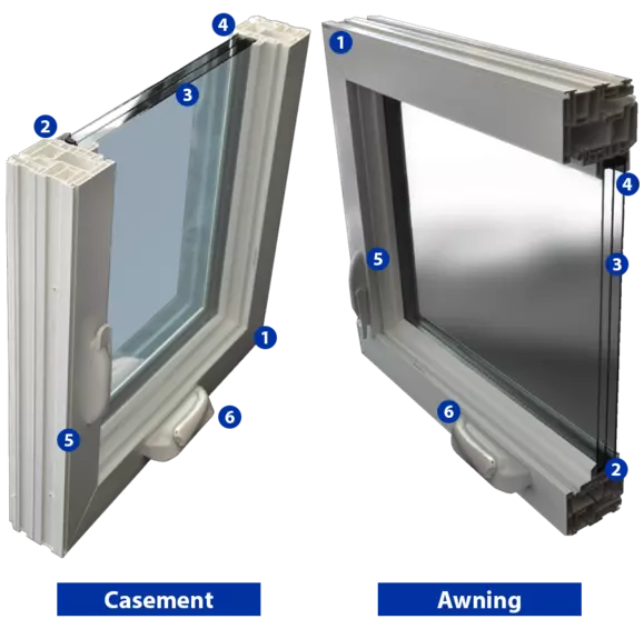 Two cutouts of a triple-pane casement and awning window