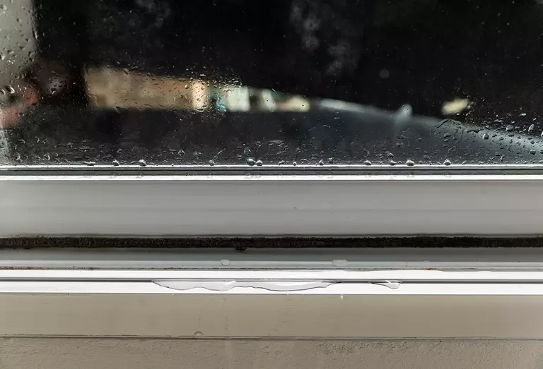 A closeup of a window edge with moisture leaking under the frame.