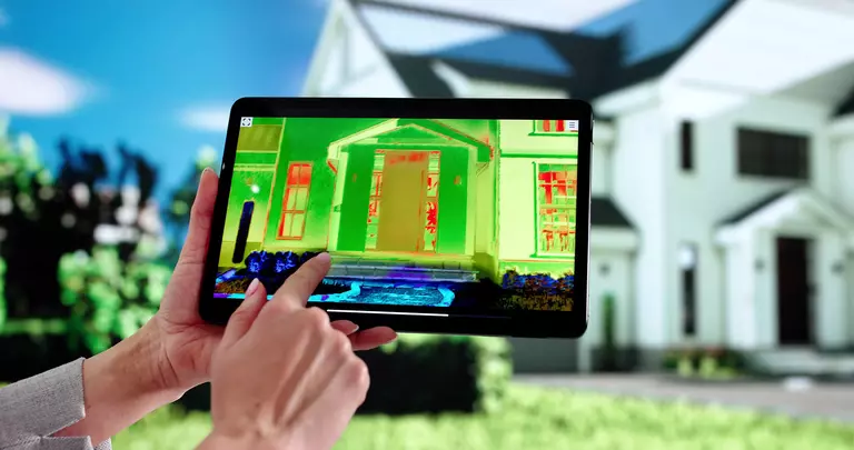 Person using a tablet device to view an infrared image of an exterior door.