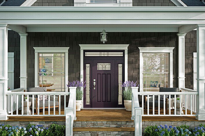Dark purple front door with sidelites