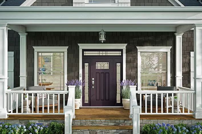 Dark purple front door with sidelites