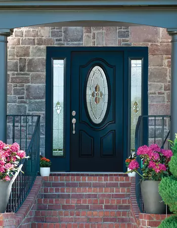 2 panel 3/4 oval deluxe woodgrain entry door in mahogany and full sidelites with nouveau glass in enzian blue