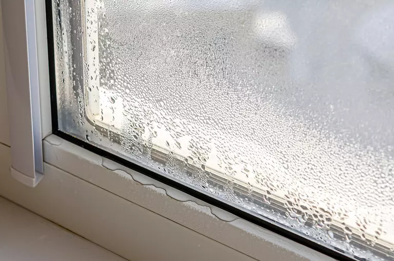 Close-up of a foggy window with condensation dripping on the edges.