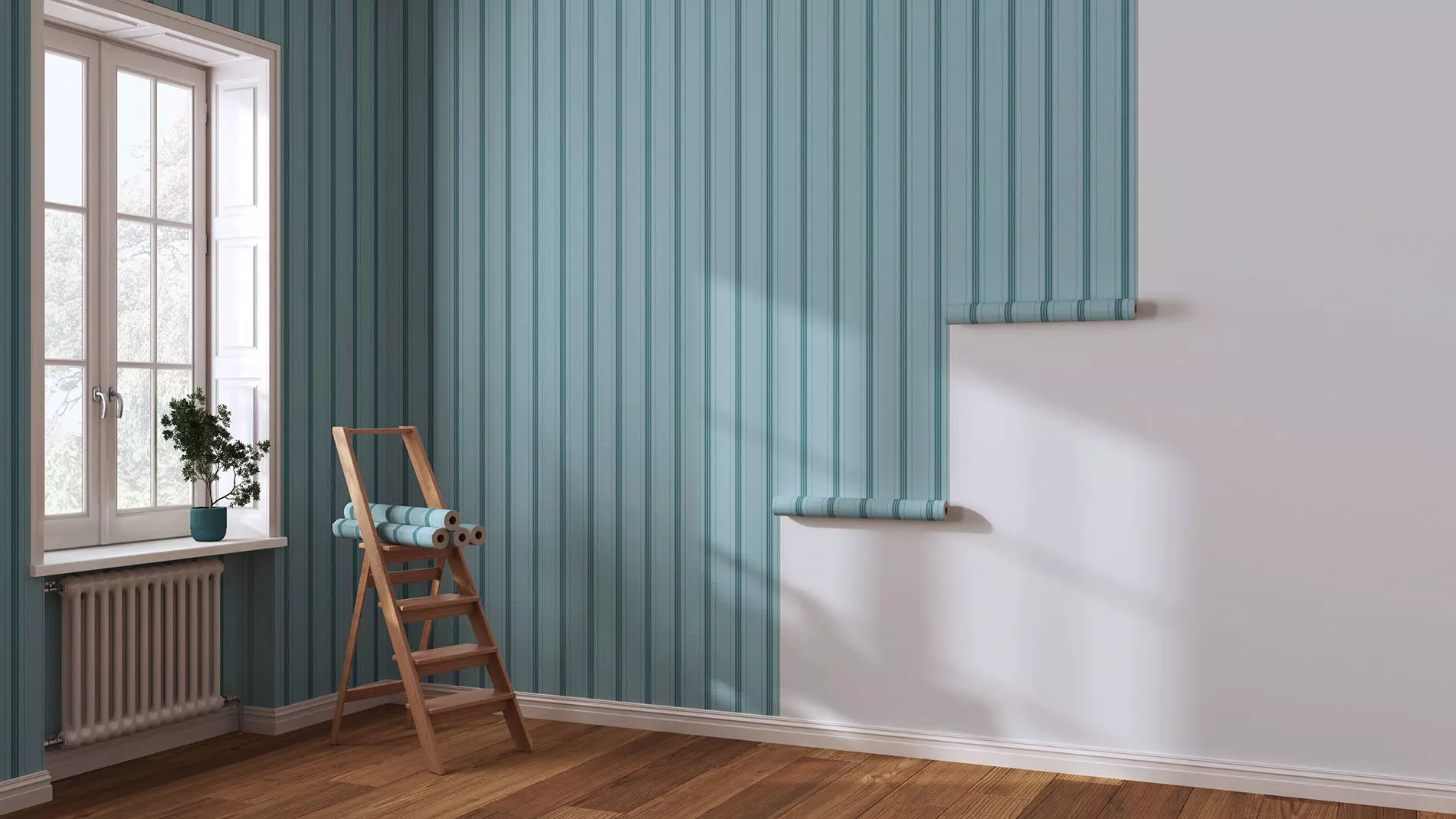 A room with a ladder and blue striped wallpaper to match a window’s grid pattern