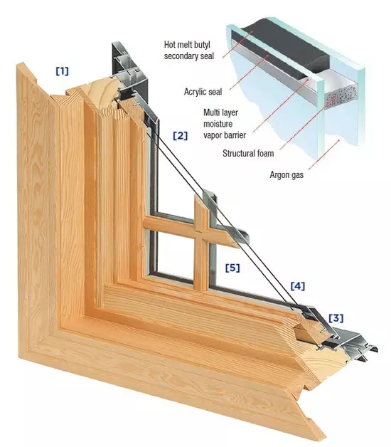 double-pane wood-clad window corner-cut